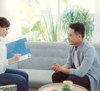 A man and a woman talking